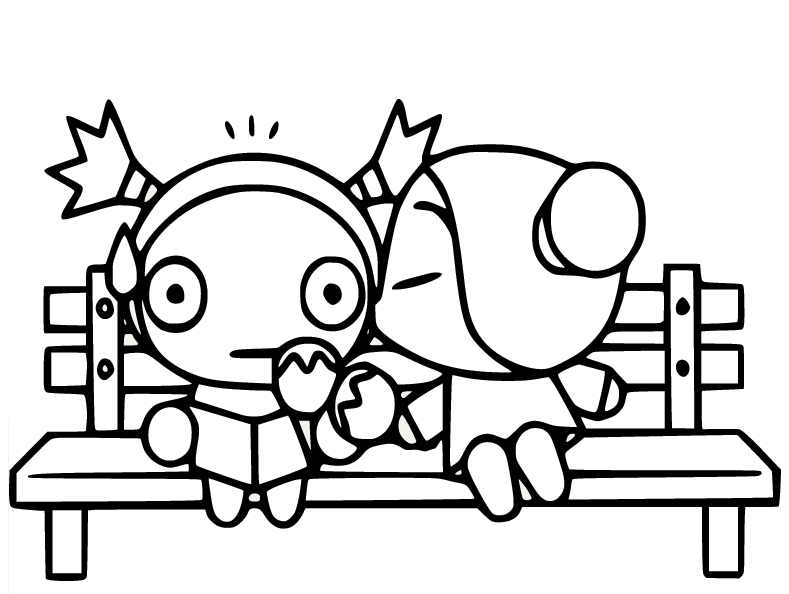 Pucca and Garu on the Bench Coloring Page