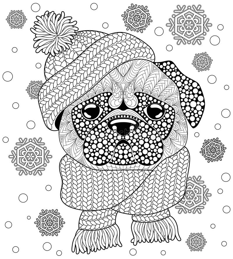 Pug Dog with Knitted Hat and Scarf Coloring Page