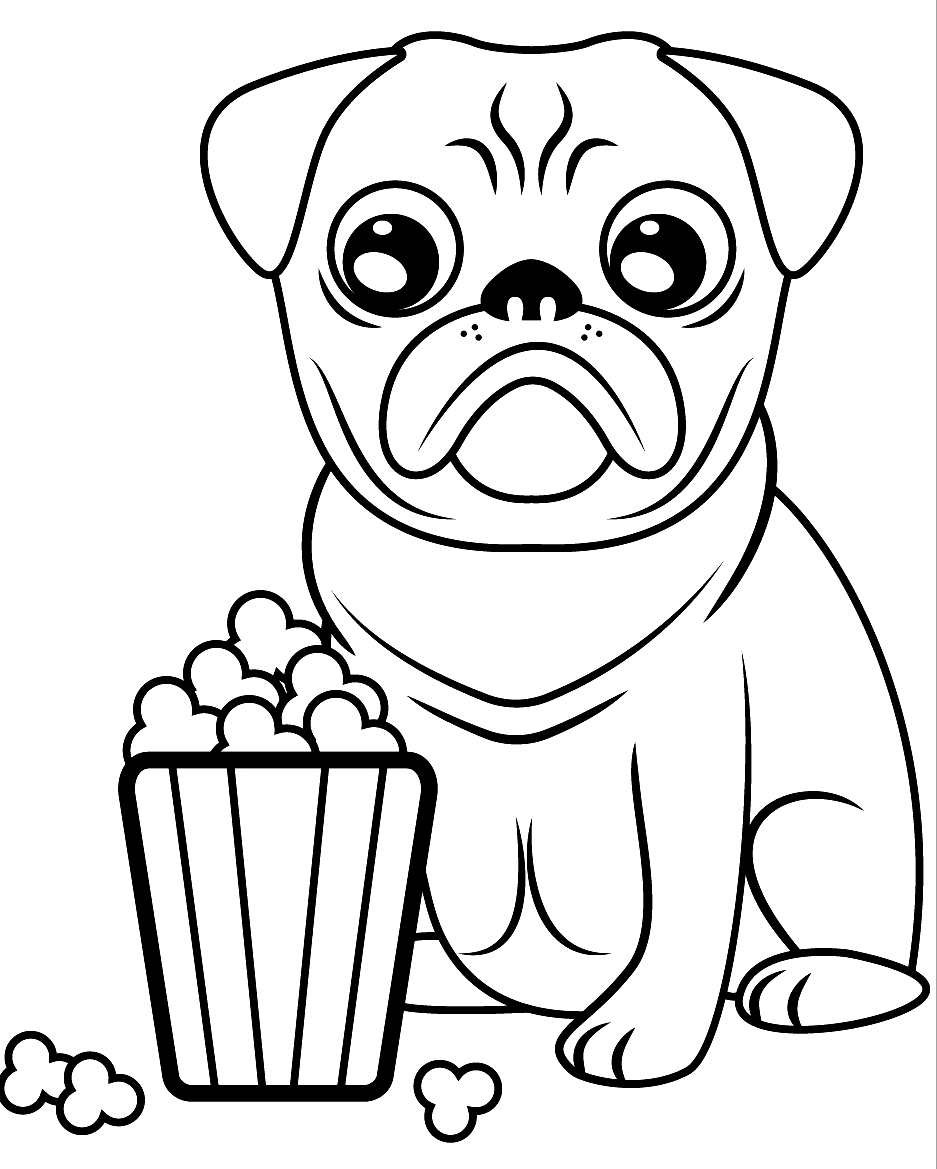 Pug with Popcorn Coloring Pages