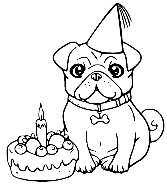 Pug with a Birthday Cake Coloring Page