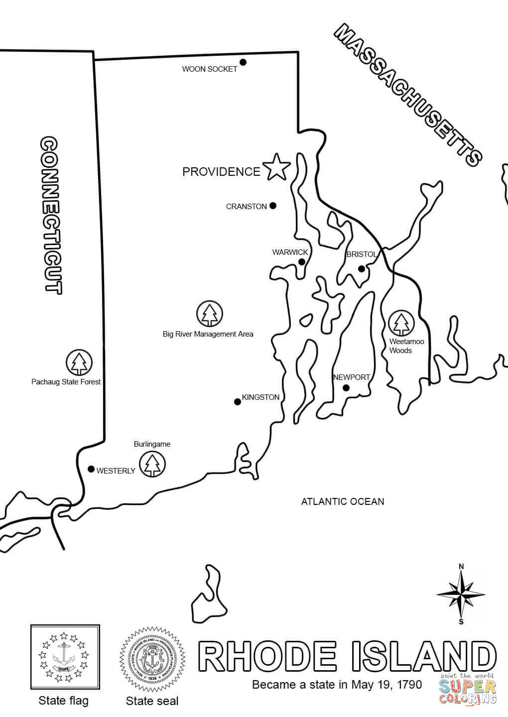 Página para colorir do mapa de Rhode Island