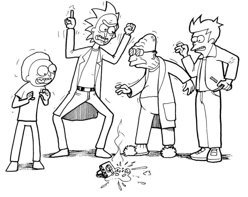 Dibujo para colorear de Rick y Morty, Los Simpson, Futurama