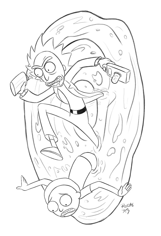 Desenho de Rick e Morty no portal para colorir