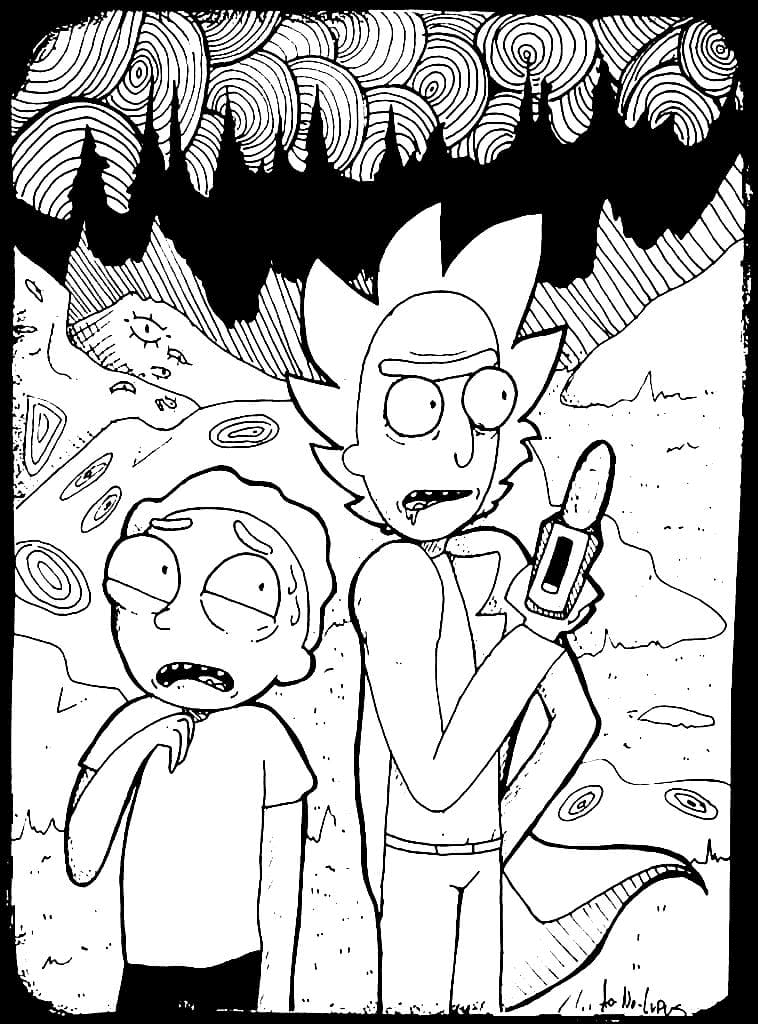 Dibujo de Rick y Morty en el planeta para colorear