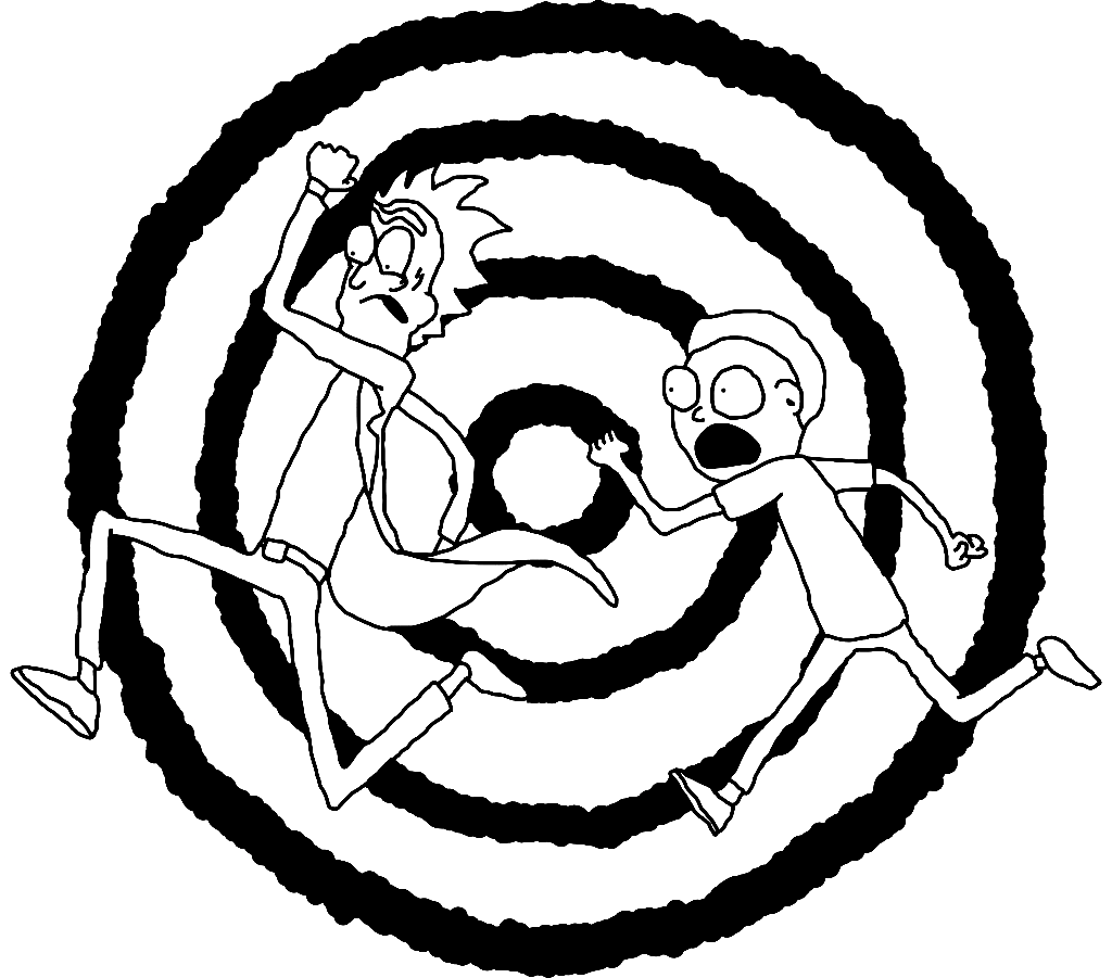 Dibujo de Rick y Morty corren hacia el portal para colorear