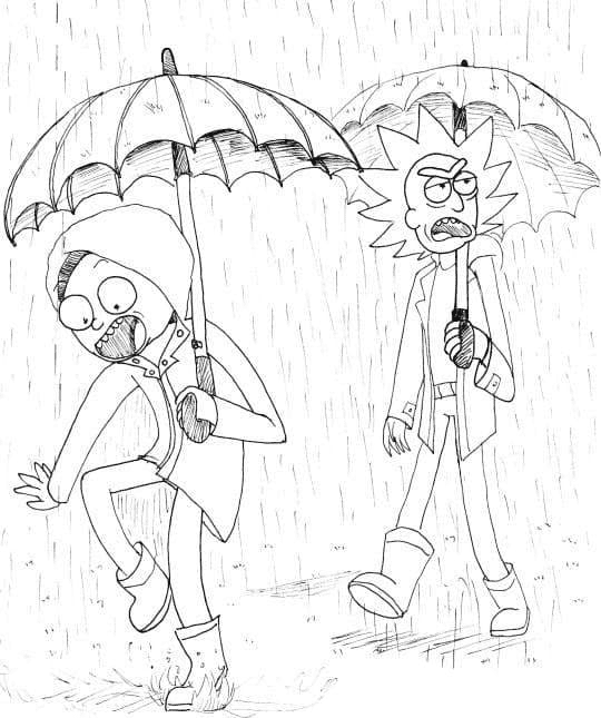 Rick e Morty sob os guarda-chuvas de Rick e Morty