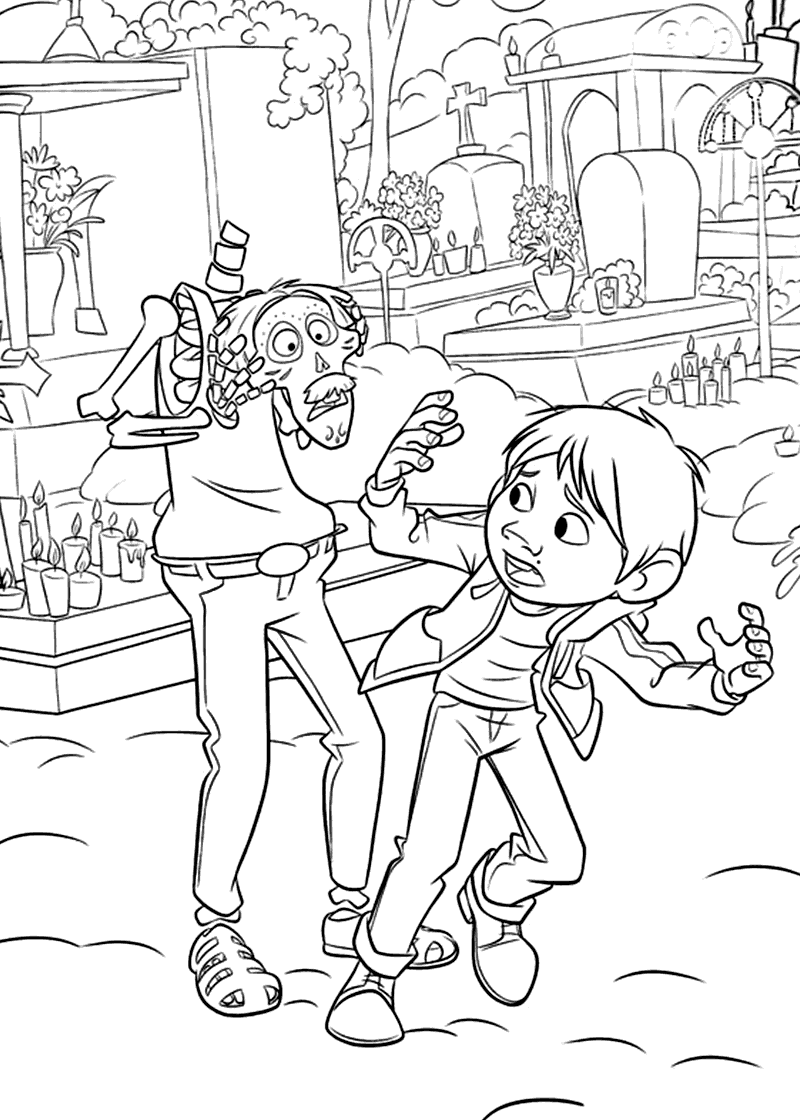 Skeleton and Scared Miguel Coloring Page