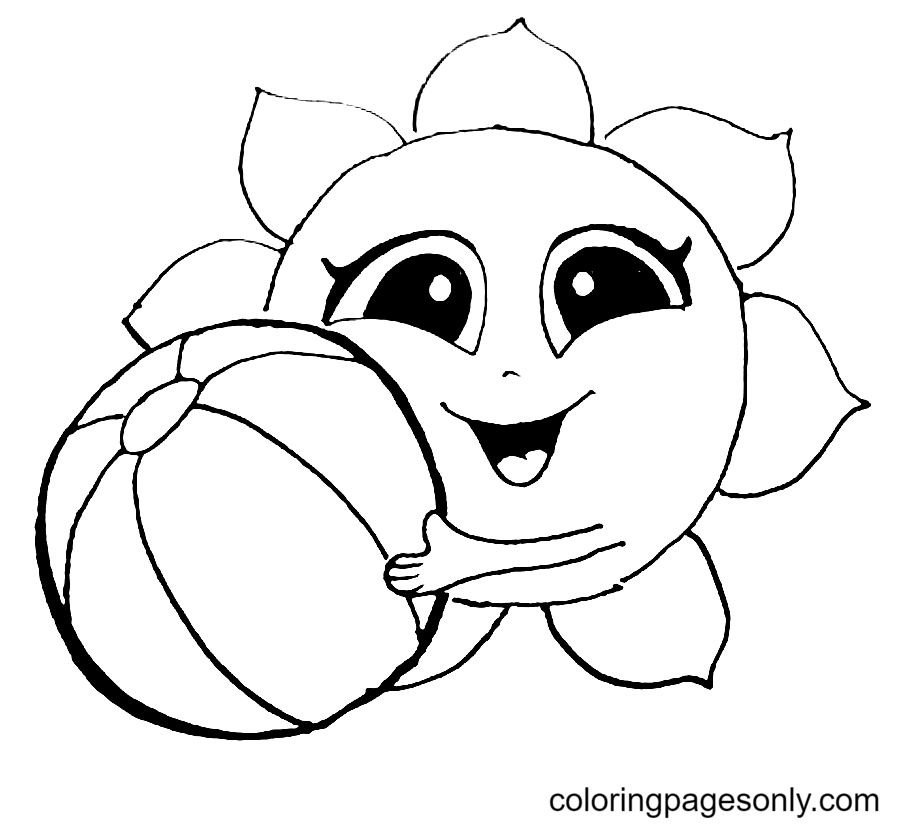 Sun with Beach Ball Coloring Page