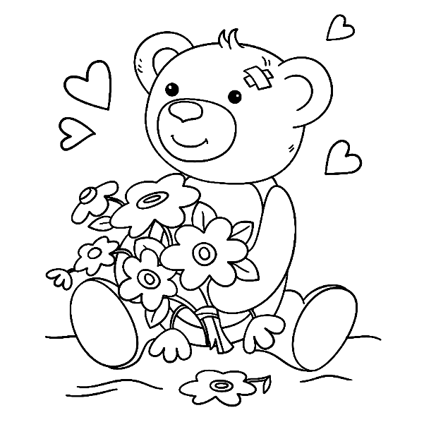 Urso de pelúcia e flores para colorir