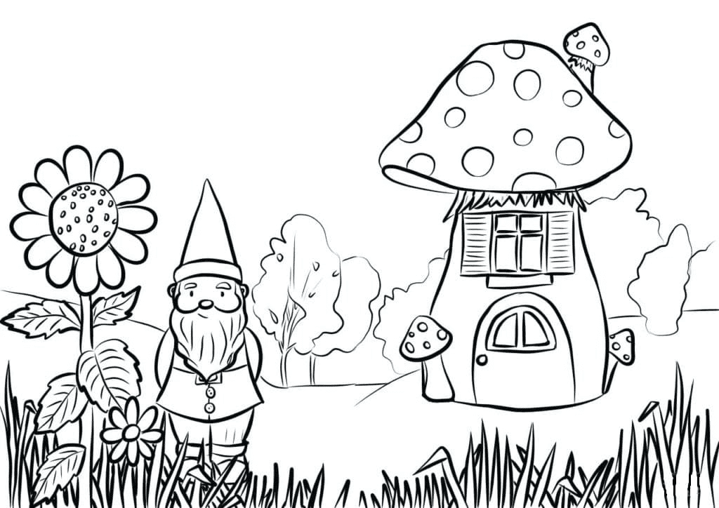 Tiny Gnome with His House Coloring Page