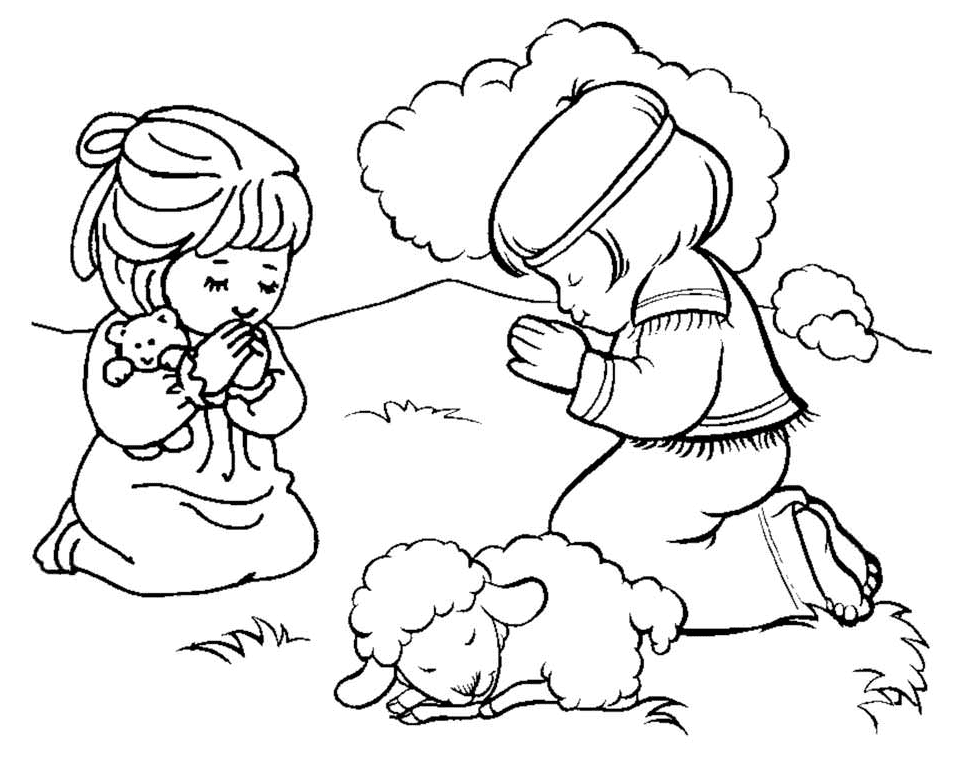 Coloriage de deux enfants qui prient