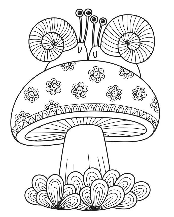 Coloriage de deux escargots sur un champignon