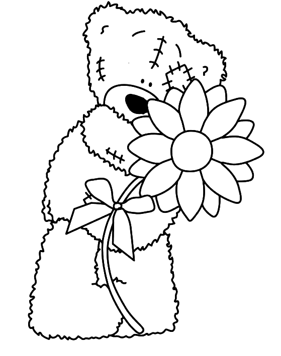 Warm Teddy Bear with a Flower Coloring Page
