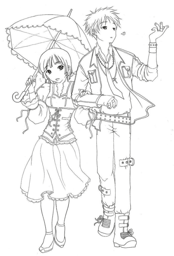 Anime Couple with Umbrella Coloring Page