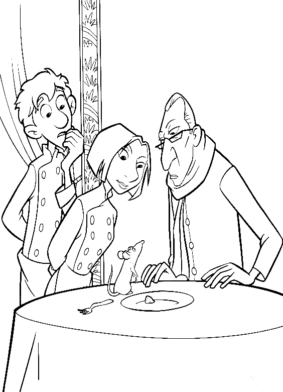 Anton, Alfredo en Colette kijken naar Remy van Ratatouille