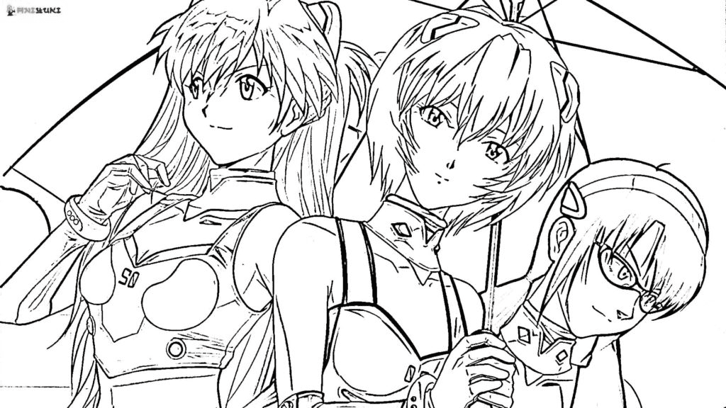 Asuka Langley, Rei Ayanami e Mari Makinami de Neon Genesis Evangelion