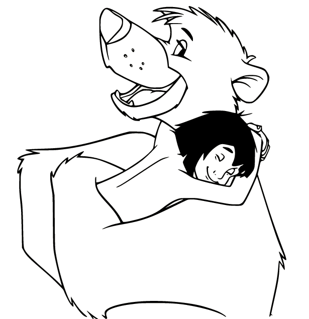 Baloo dá um abraço em Mowgli do livro da Selva