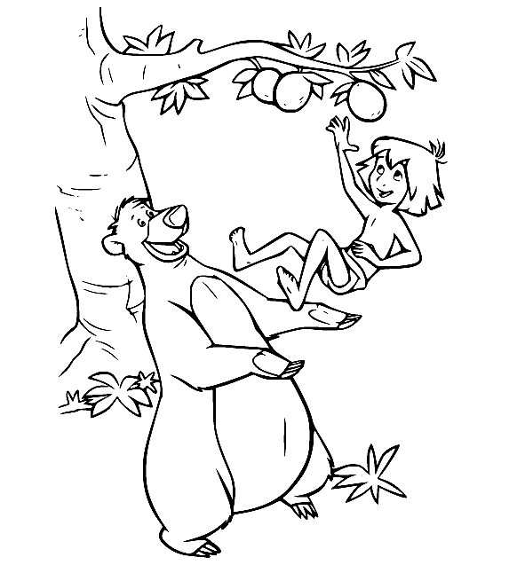 Baloo ayuda a Mowgli a recoger frutas del libro de la selva