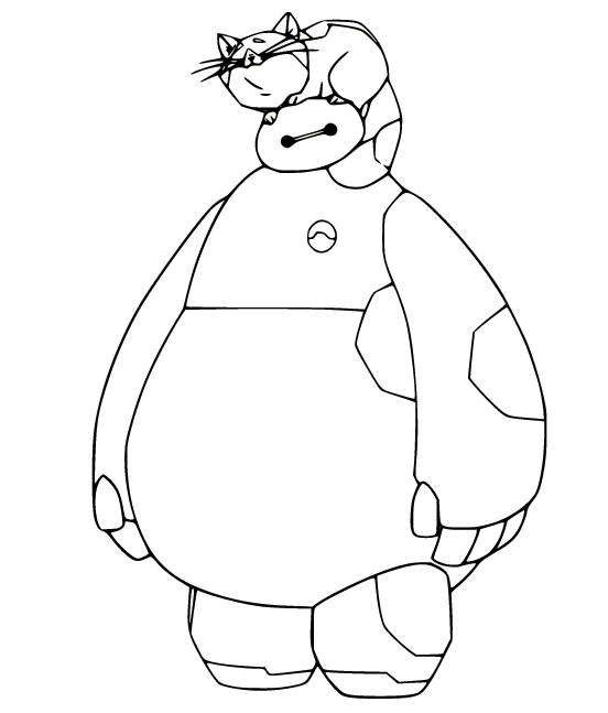 Baymax with a Cat on His Head Coloring Page