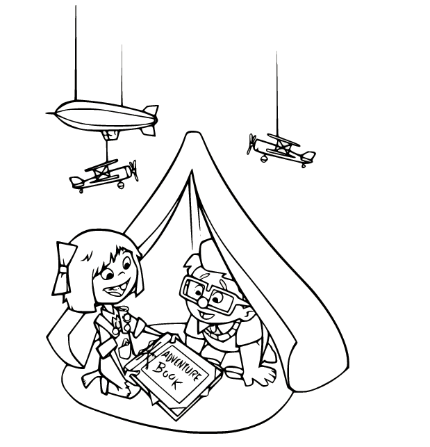 Carl ed Ellie nella pagina da colorare della tenda