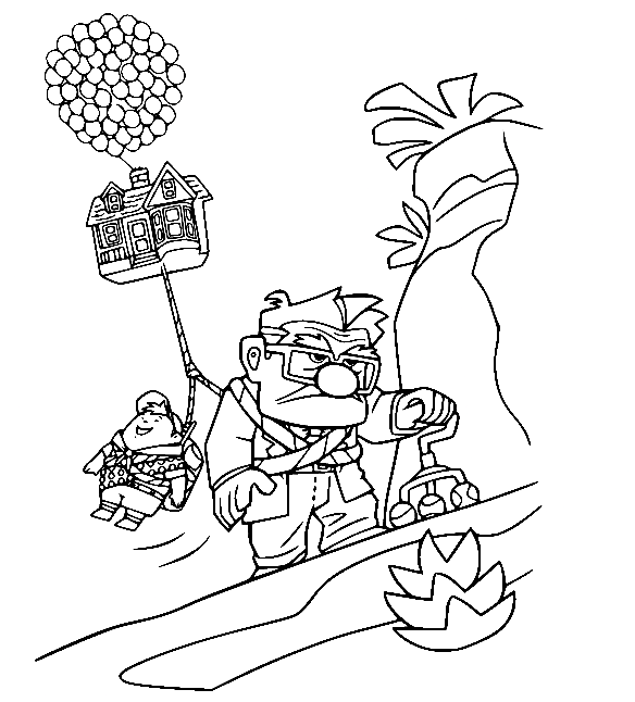 Carl and Russell with the Flying House Coloring Page
