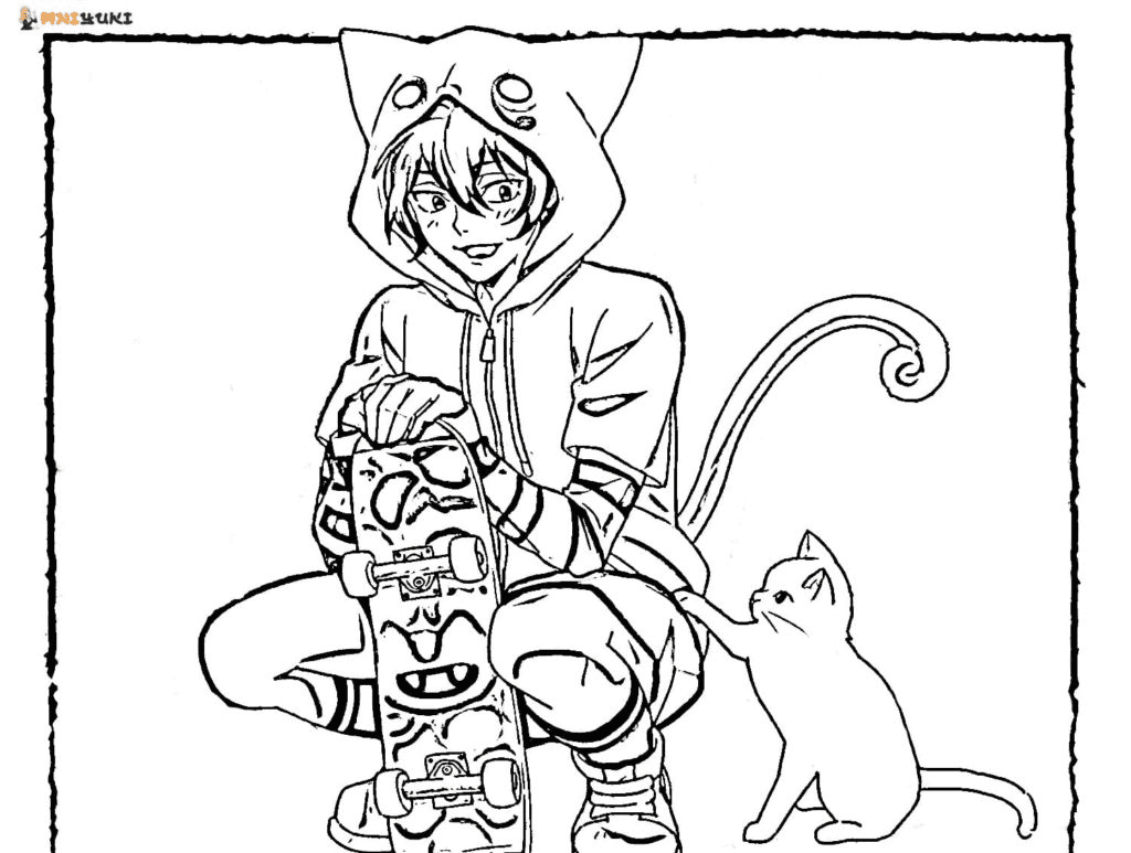 Chinen Miya and cat Coloring Page