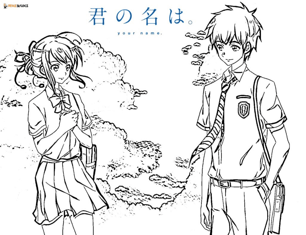 Cute Couple Mitsuha and Taki Coloring Page