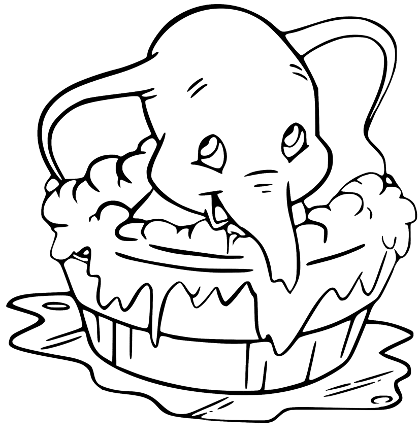 Dumbo Taking a Bath Coloring Page
