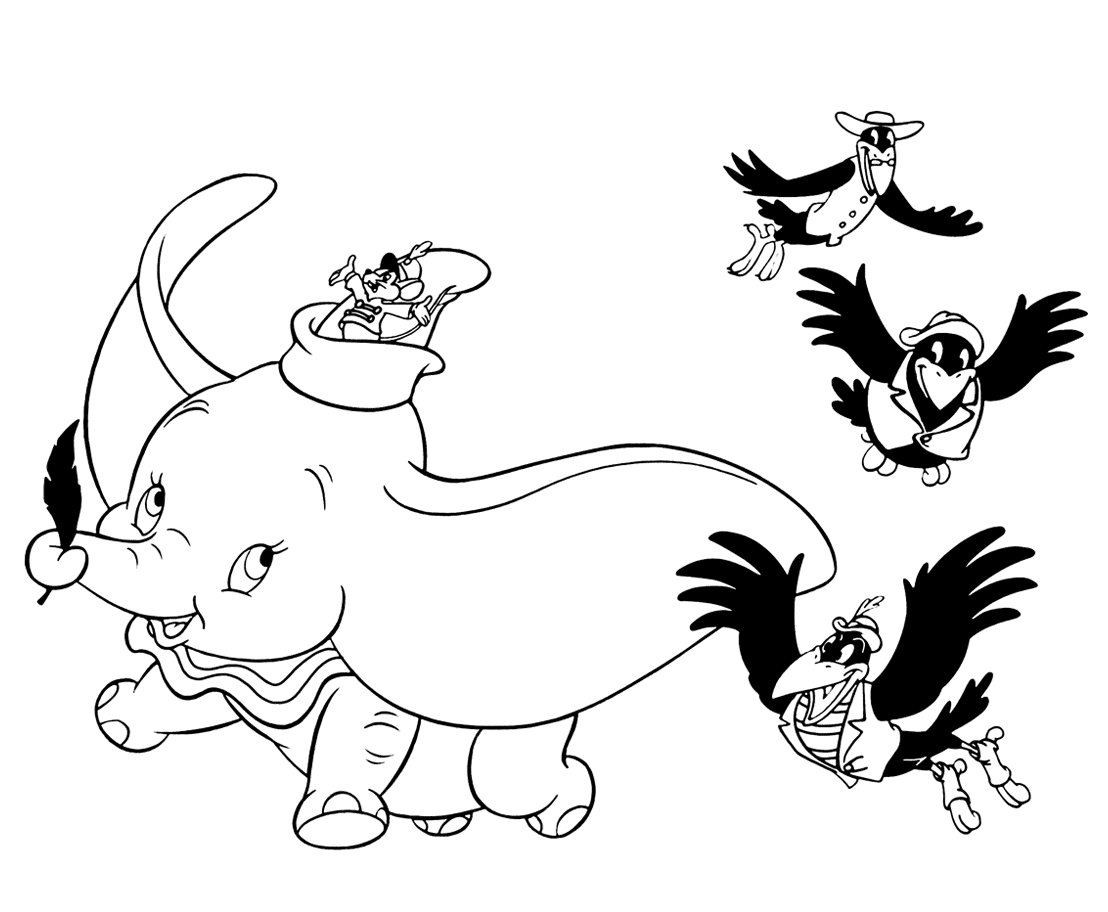 Dibujo de Dumbo volando con Timothy y cuervos para colorear