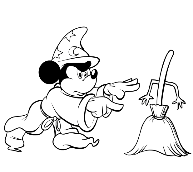 Fantasia Mickey Mouse con escoba magica para colorear
