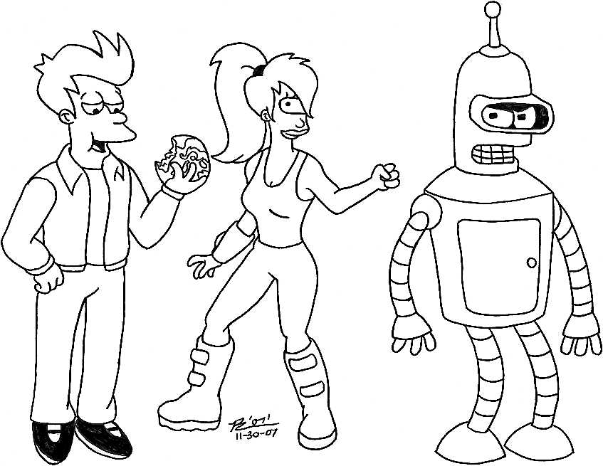 Fry with Leela and Bender Coloring Page