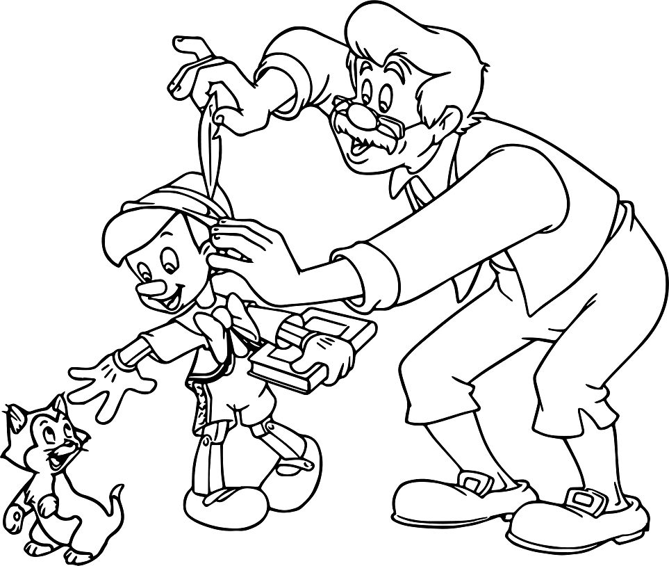 Gepetto avec Pinocchio et Figaro de Pinocchio