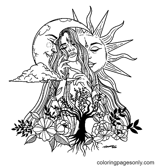 Girl, Moon and Sun Coloring Page