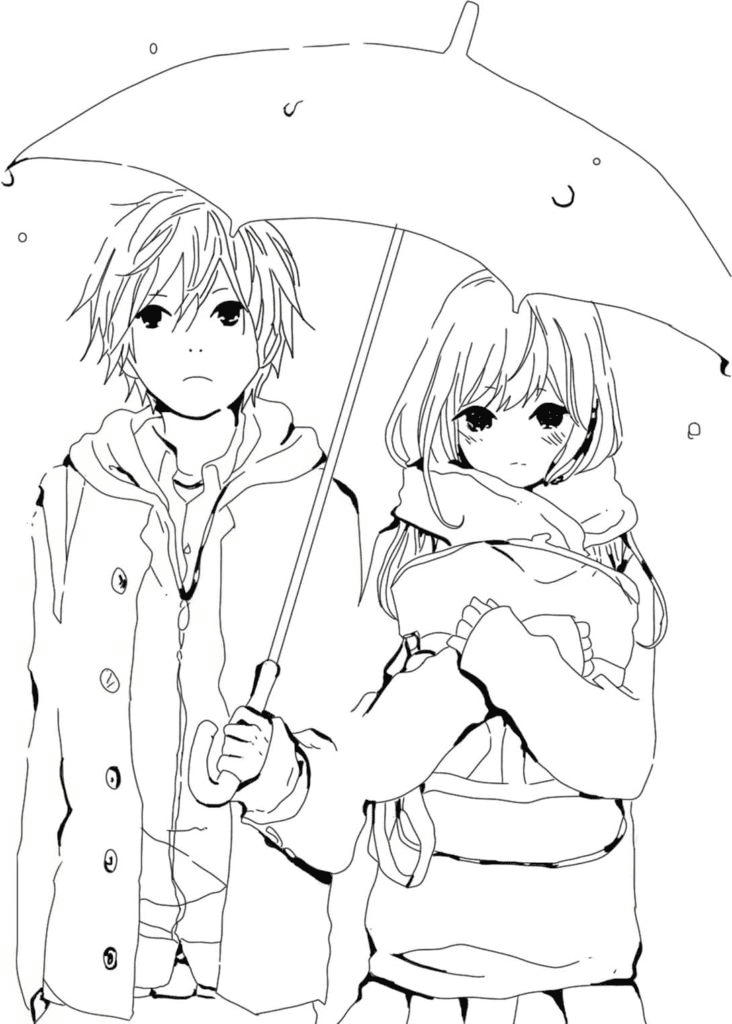 动漫情侣中撑着伞的女孩和男人