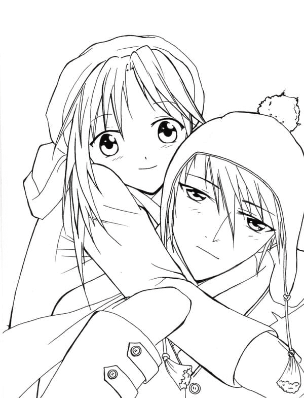 Girl and guy in winter clothes Coloring Page