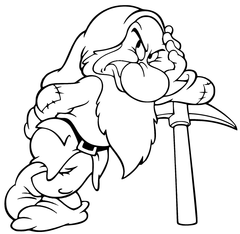 Ворчун опирается на кирку из мультфильма «Белоснежка и семь гномов».