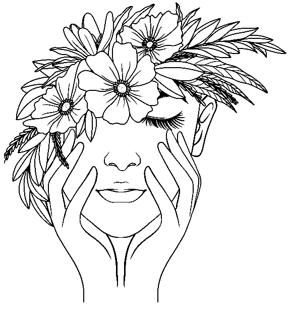 Página para colorir de mulher e flores de mão