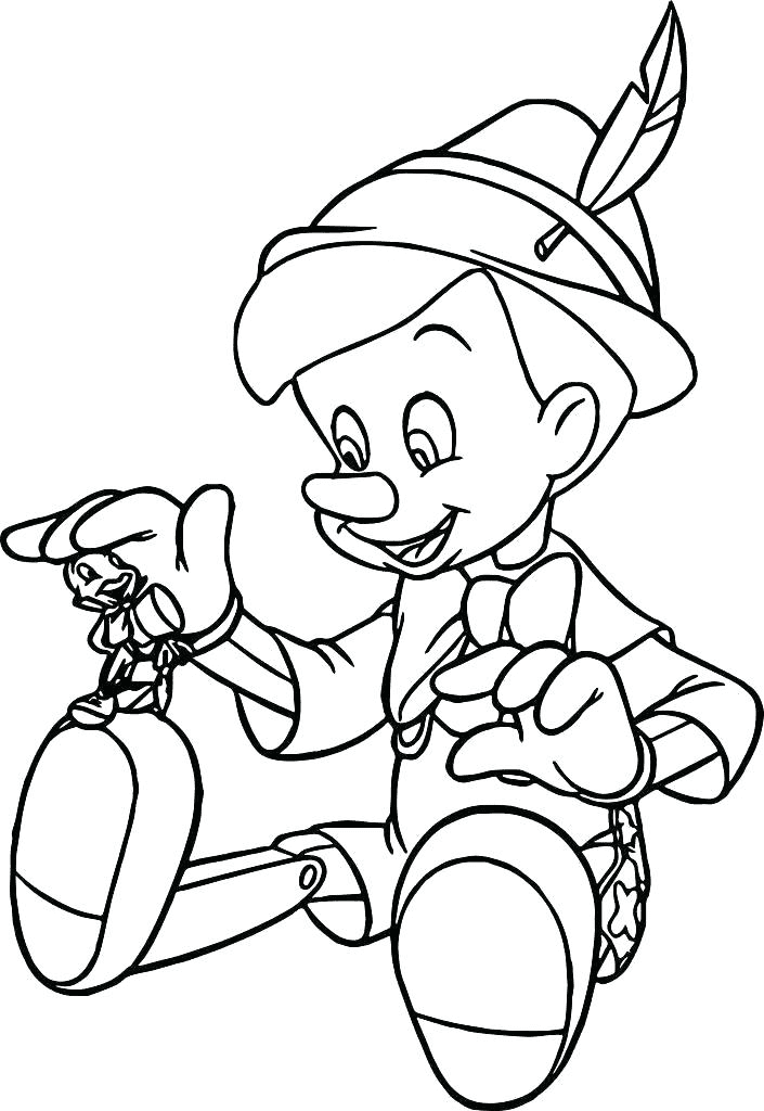 Pinocho feliz con grillo para colorear