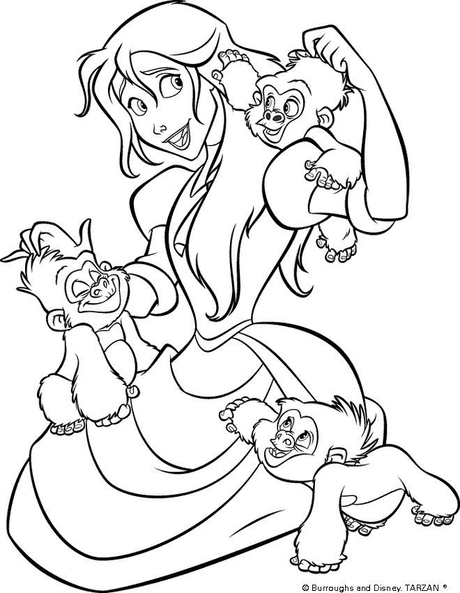 Jane and Cute Gorillas Baby Coloring Page