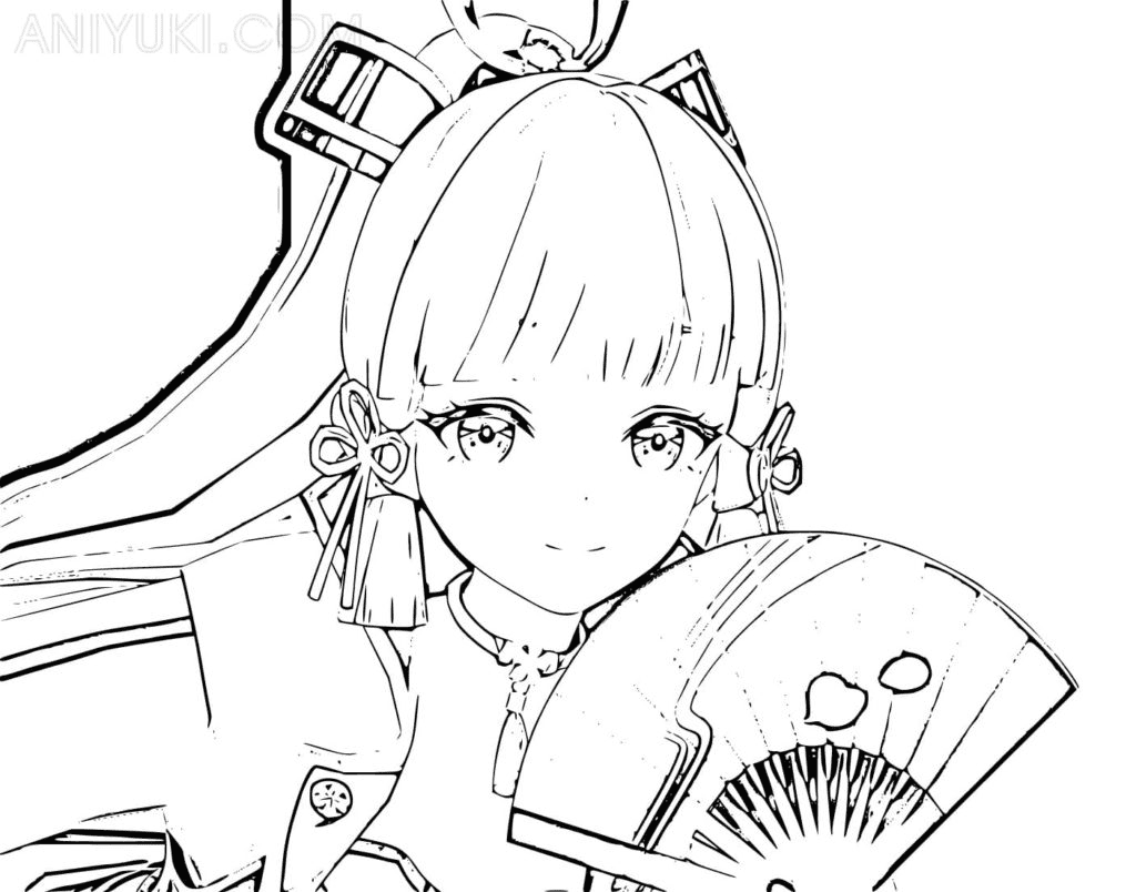 Kamisato Ayaka with a fan Coloring Page