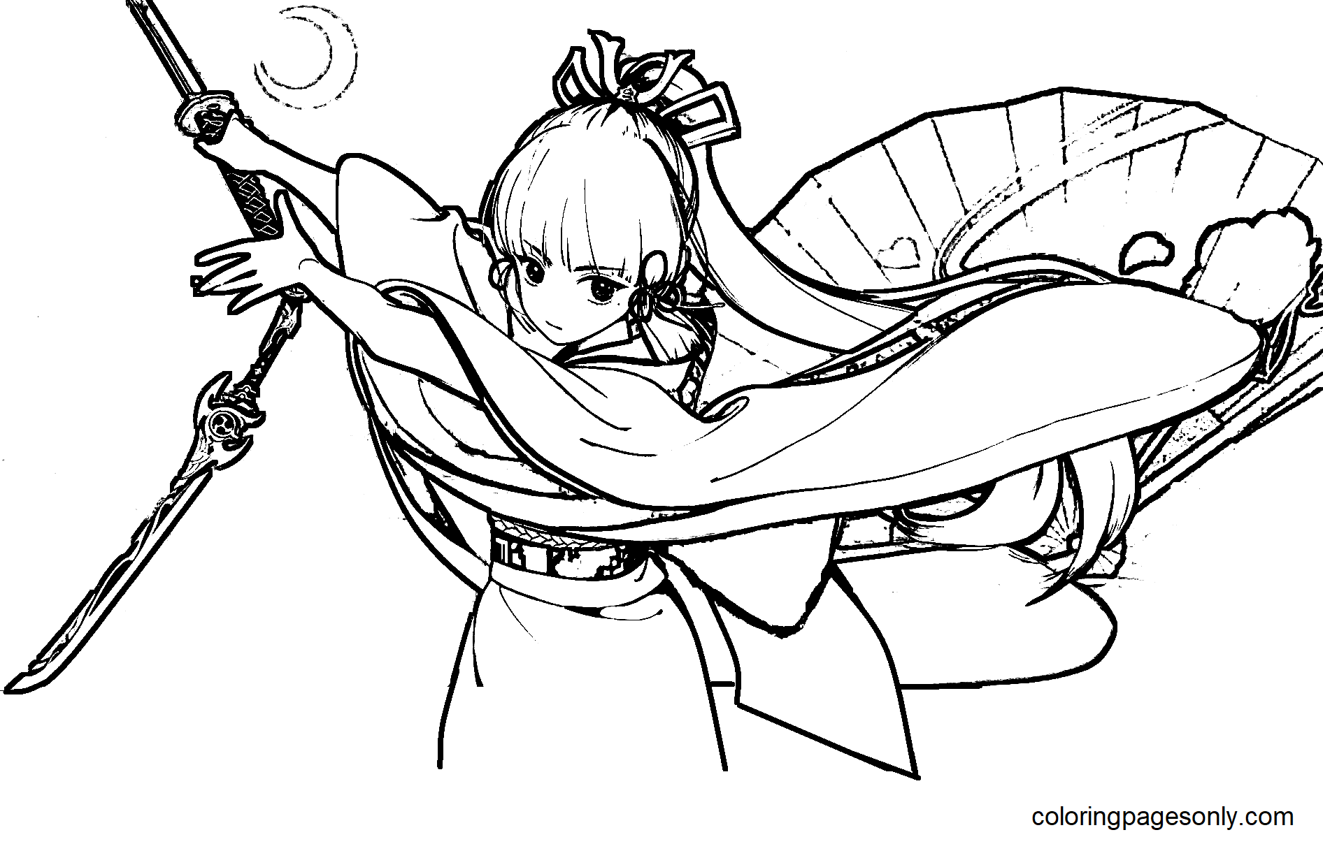 Kamisato Ayaka with a sword Coloring Pages