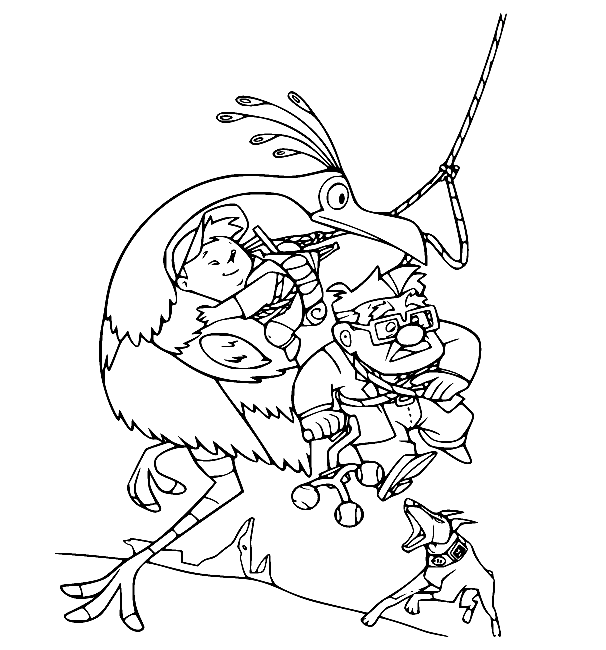 Kevin Holds Carl and Russell Running Coloring Page