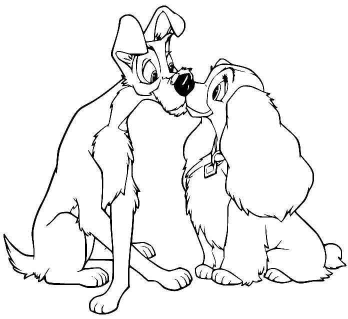 Lady Kisses Tramp Coloring Page