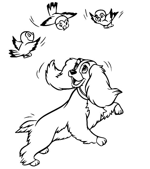 Lady Playing with Three Birds Coloring Page