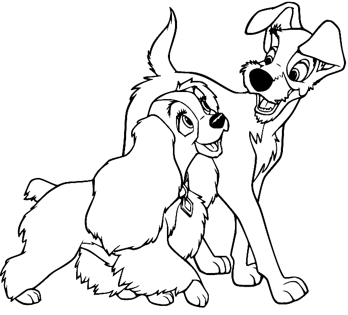 Lady Walking with Tramp Coloring Page