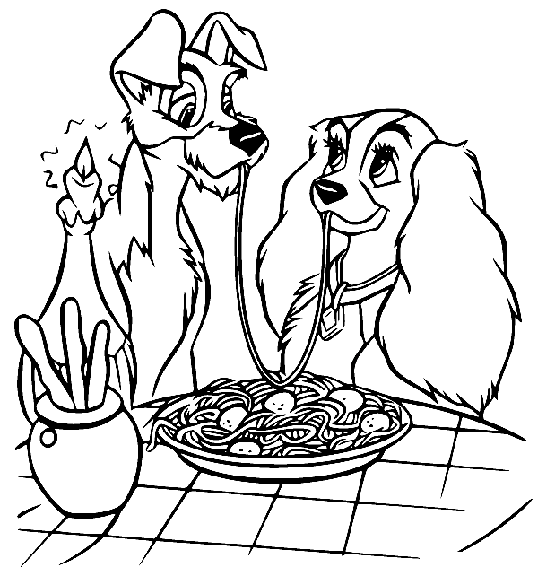 Dama y Vagabundo Comiendo Espaguetis Página Para Colorear