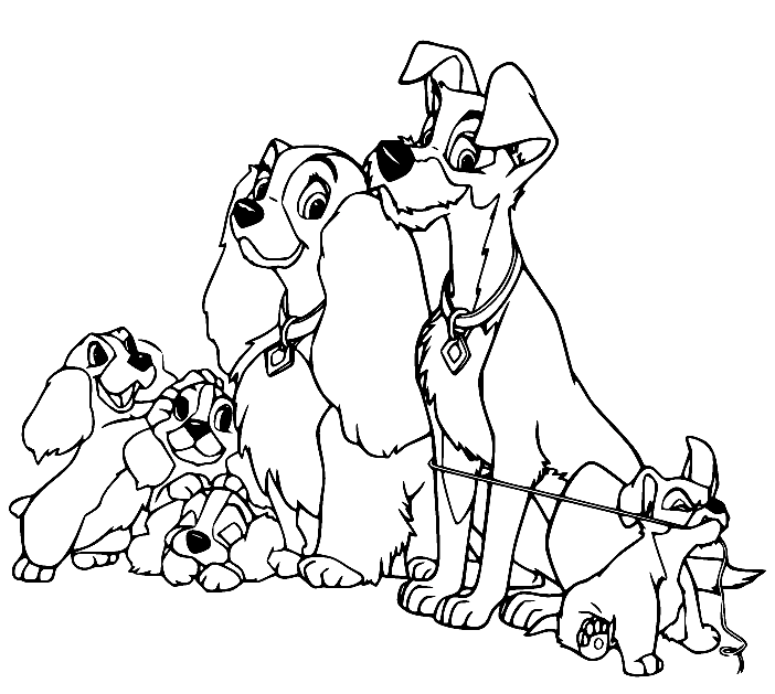 Lady and Tramp with Their Four Kids Coloring Page