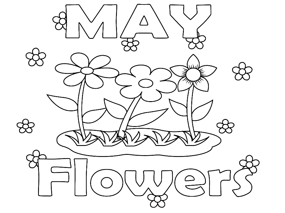 Mei met bloemen voor kinderen kleurplaat