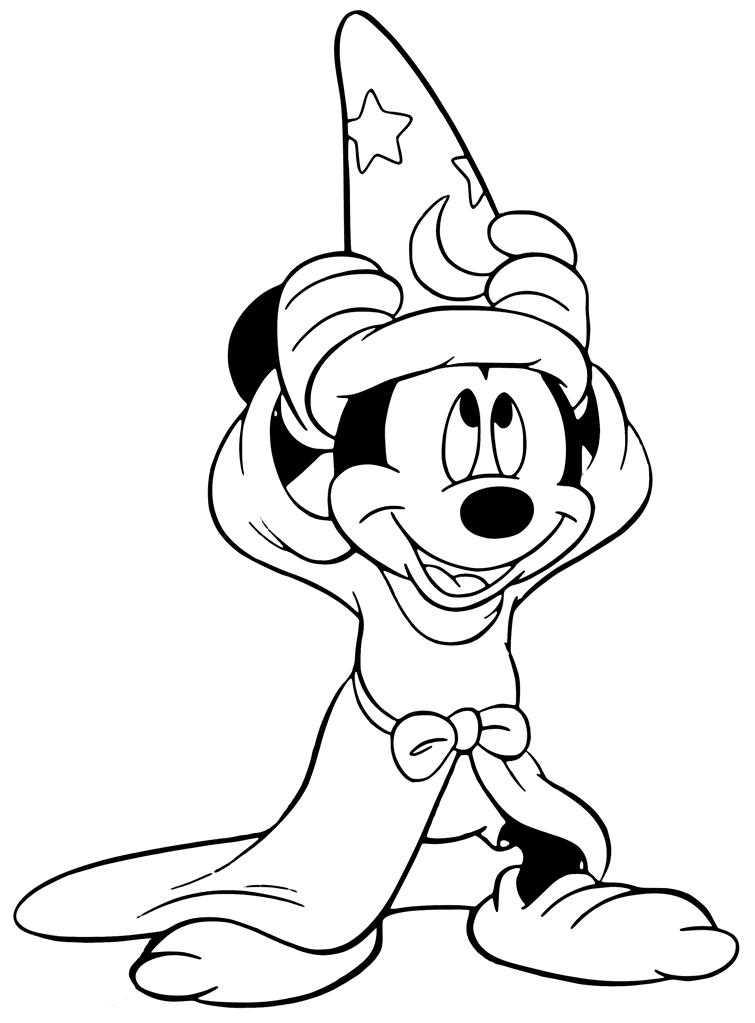Dibujo de Mickey poniéndose el sombrero de hechicero para colorear