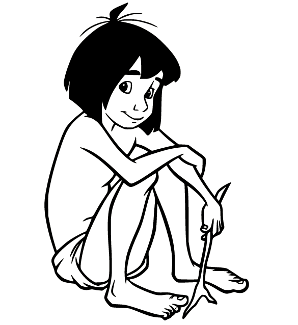Mowgli senta no chão e segura um galho do Livro da Selva
